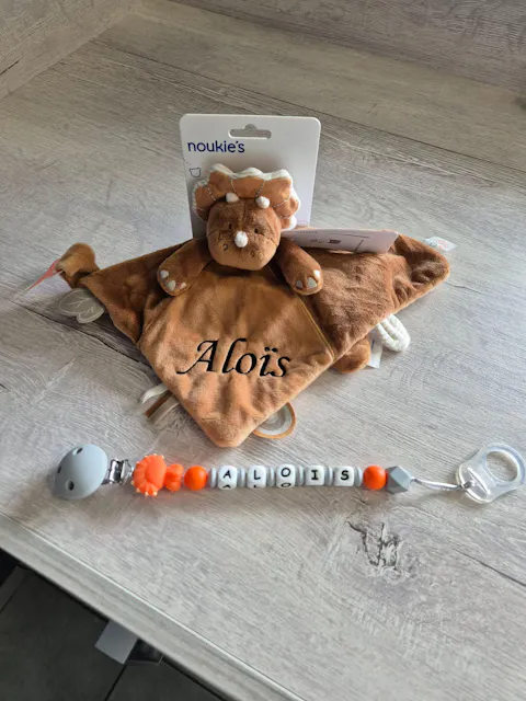 Attache Sucette A Perles En Silicone | Prénom Personnalisée | Triceratops Orange
