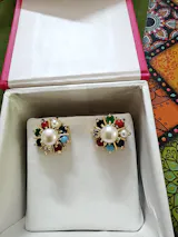 Navratna-Style Multi-Gemstone Starburst Pearl Studs