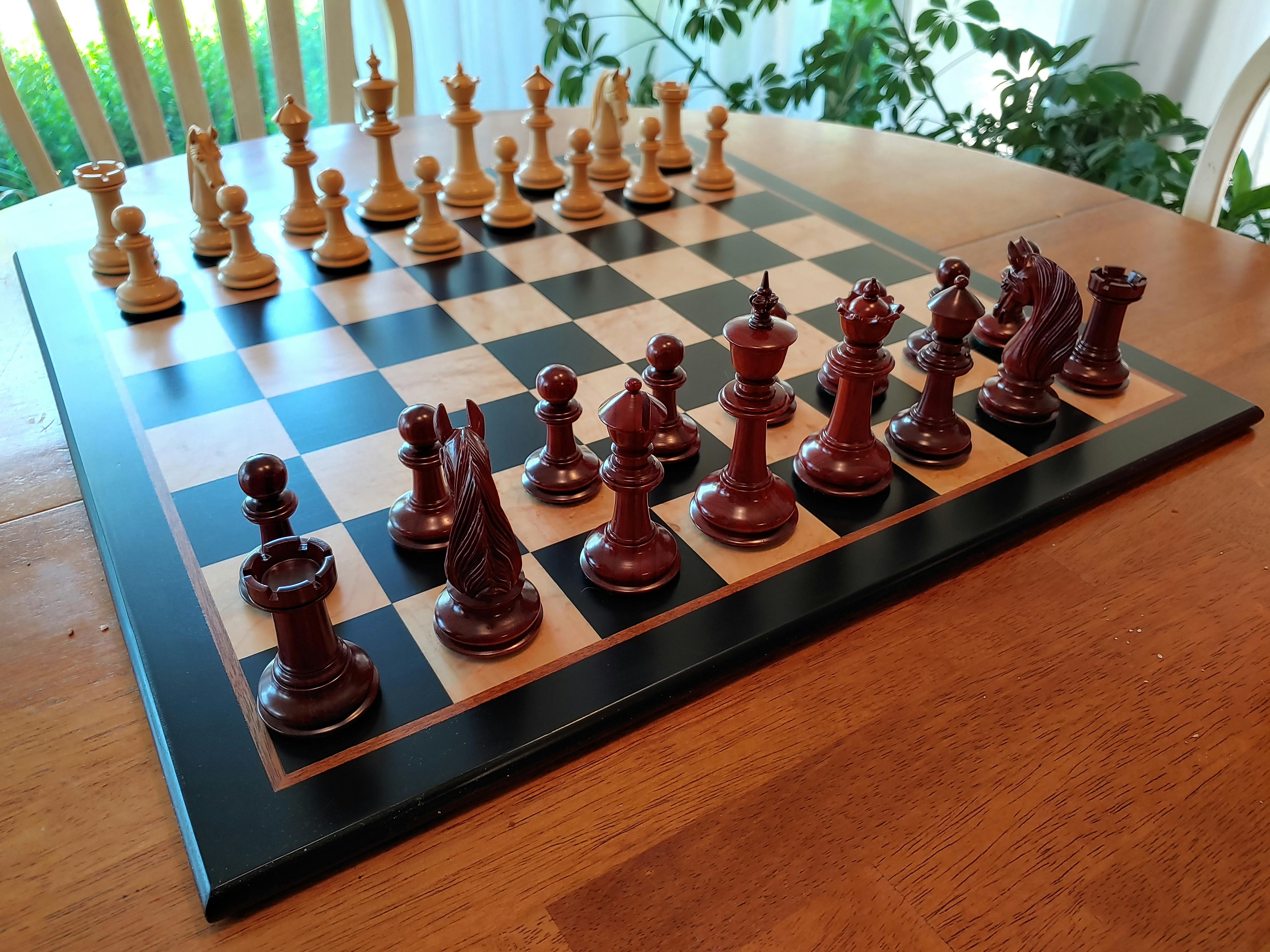 Luxury Chess Set in Padauk 4 5/8" on Birdseye Maple Board Chess House