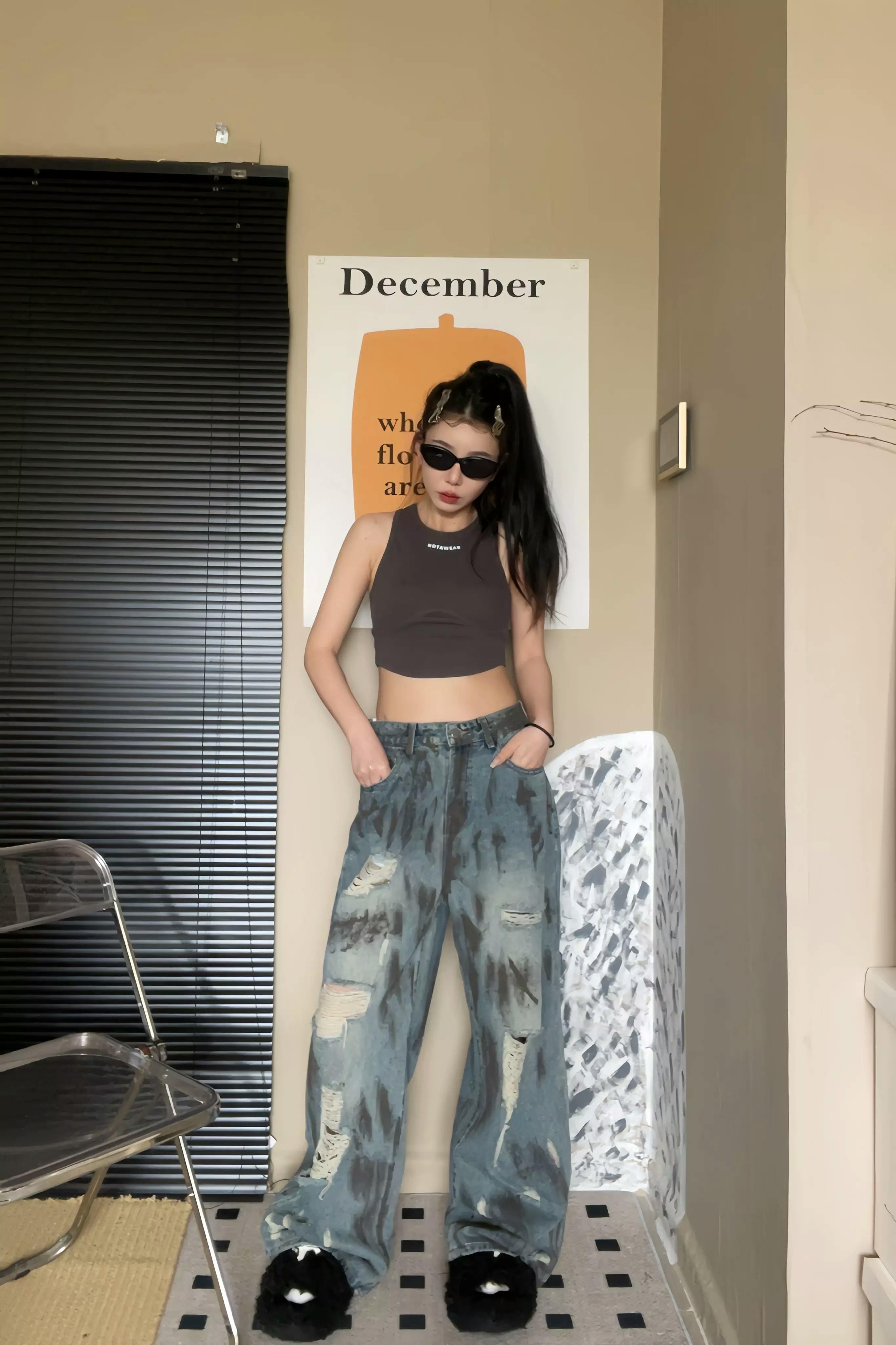 Retro Tie-Dye Distressed Wide-Leg Jeans with Washed Effect