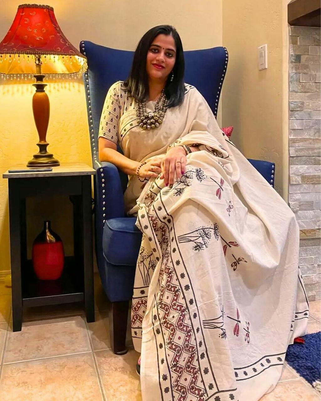 Dragonfly Garden Handblockprinted Cotton Saree