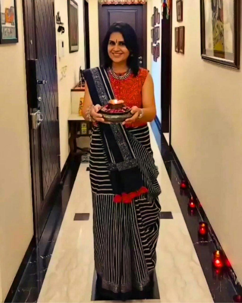 Black Block Printed Cotton Mul Saree