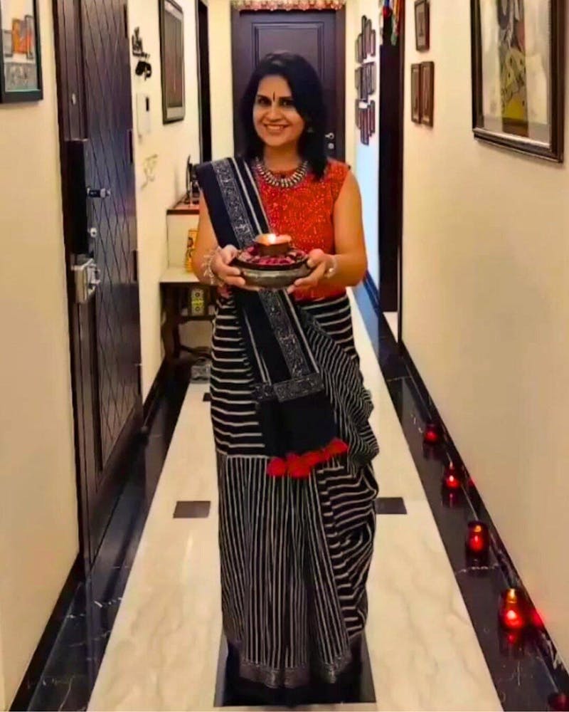 Black Block Printed Cotton Mul Saree