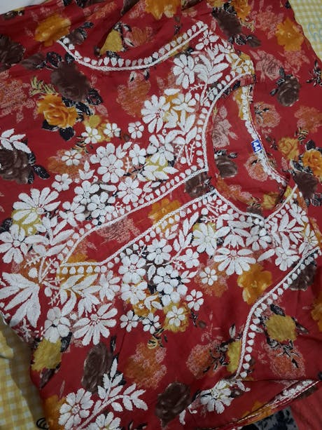 Dhanashree Inspired Mulmul Floral Printed Chikankari Handwork Kurti - Red Colour