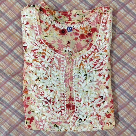 Fatima Pure Mulmul Chikankari Handwork Kurti - Red Colour
