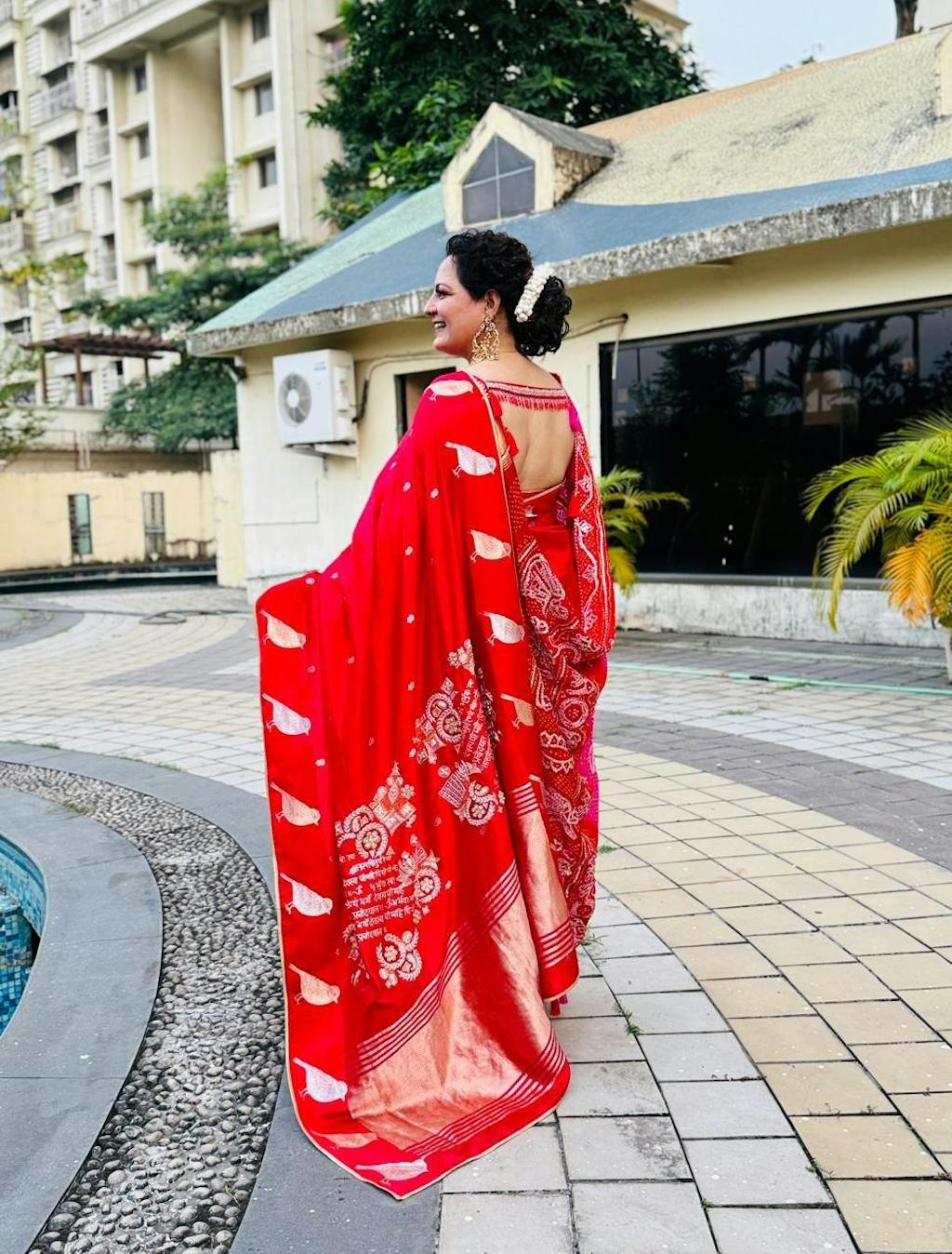 Nita Ambani Inspired Red Saree with Gayatri Mantra