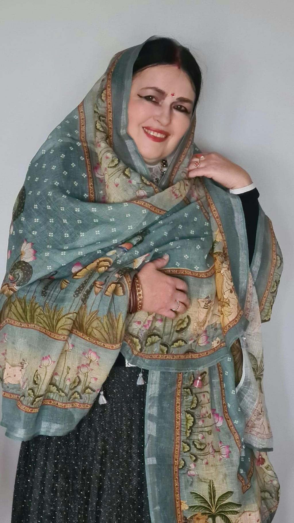 Steel Blue Linen Dupatta with Digital Printed Pichwai Motifs