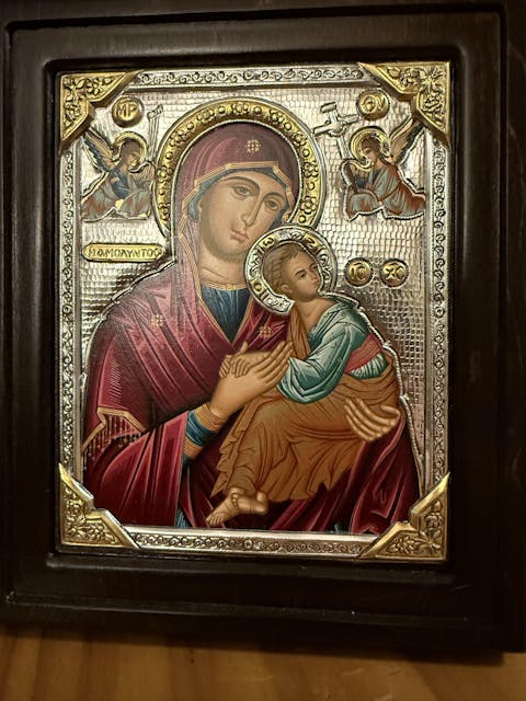Virgin Mary of Passion - Silver icon on wood, locally gold plated - Mount Athos