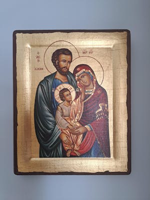 The Holy Family - Aged wooden icon in canvas with gold background on carved wood - Mount Athos