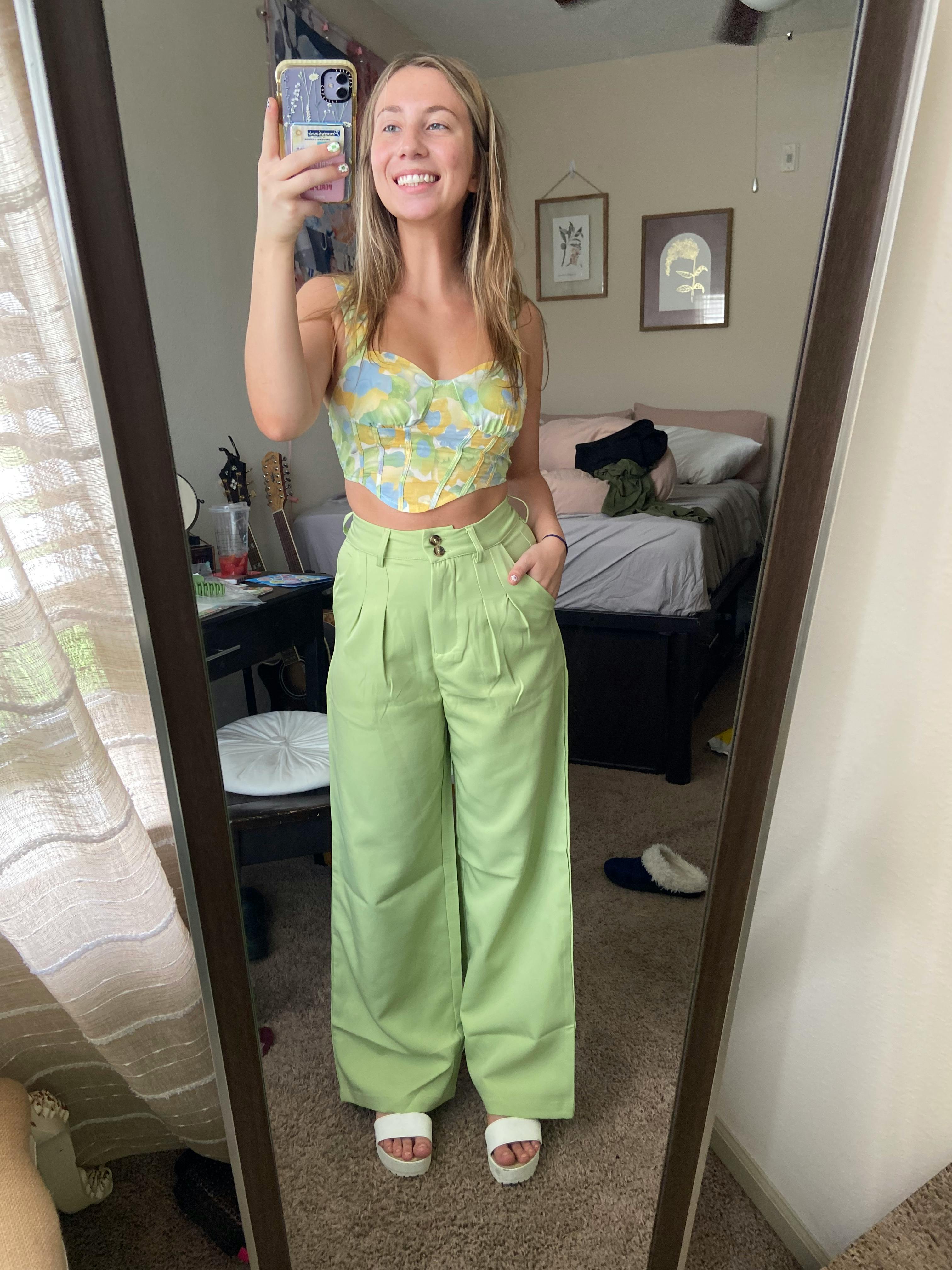 Cider Women's Grass Green Wide Leg Trousers