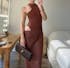 Esila | Brown Maxi Dress with Draped Detail & High Neck