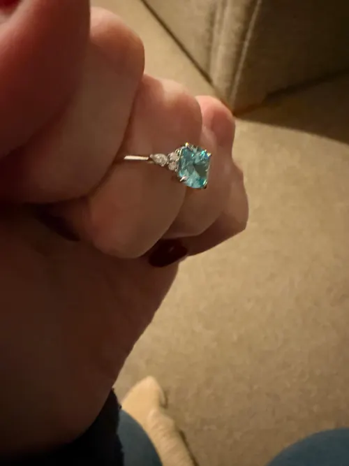 925 Sterling Silver Aqua Cushion Cut Cz Ring with Tapered Round & Marquise Accents