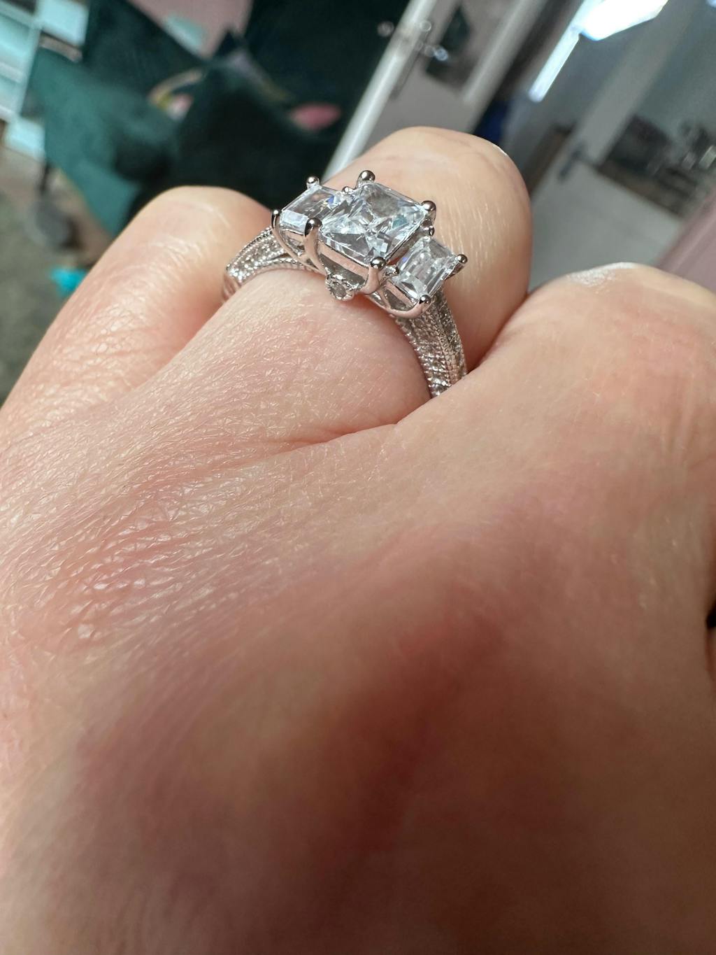 925 Sterling Silver Vintage Emerald Cut Cz Trilogy Ring