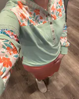 Mint Lace Floral Patchwork Half Button Hoodie