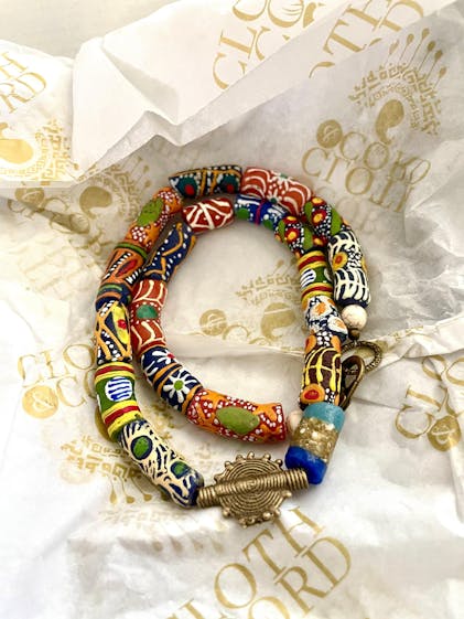 Mens Krobo Glass Bead Necklace w/ Sun Baule from Ghana – Unisex