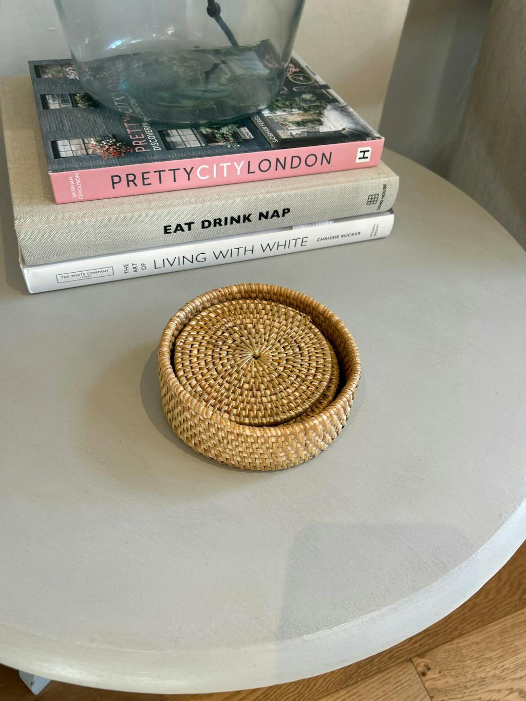 Round Rattan Coaster with Holder - White Wash