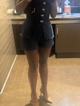 Metal Button Tie-Back Denim V-Neck Shorts Set
