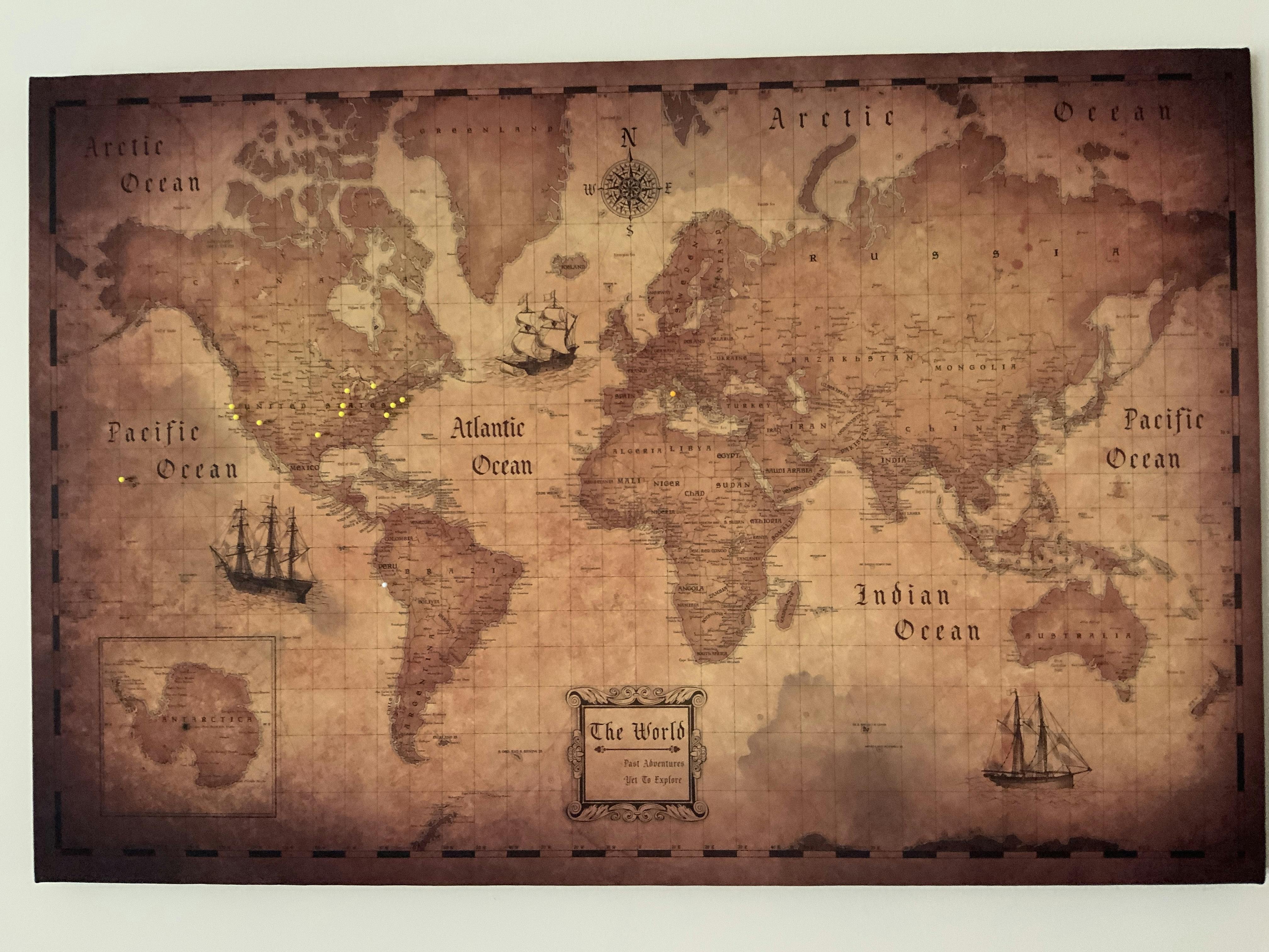 large world travel map with pins