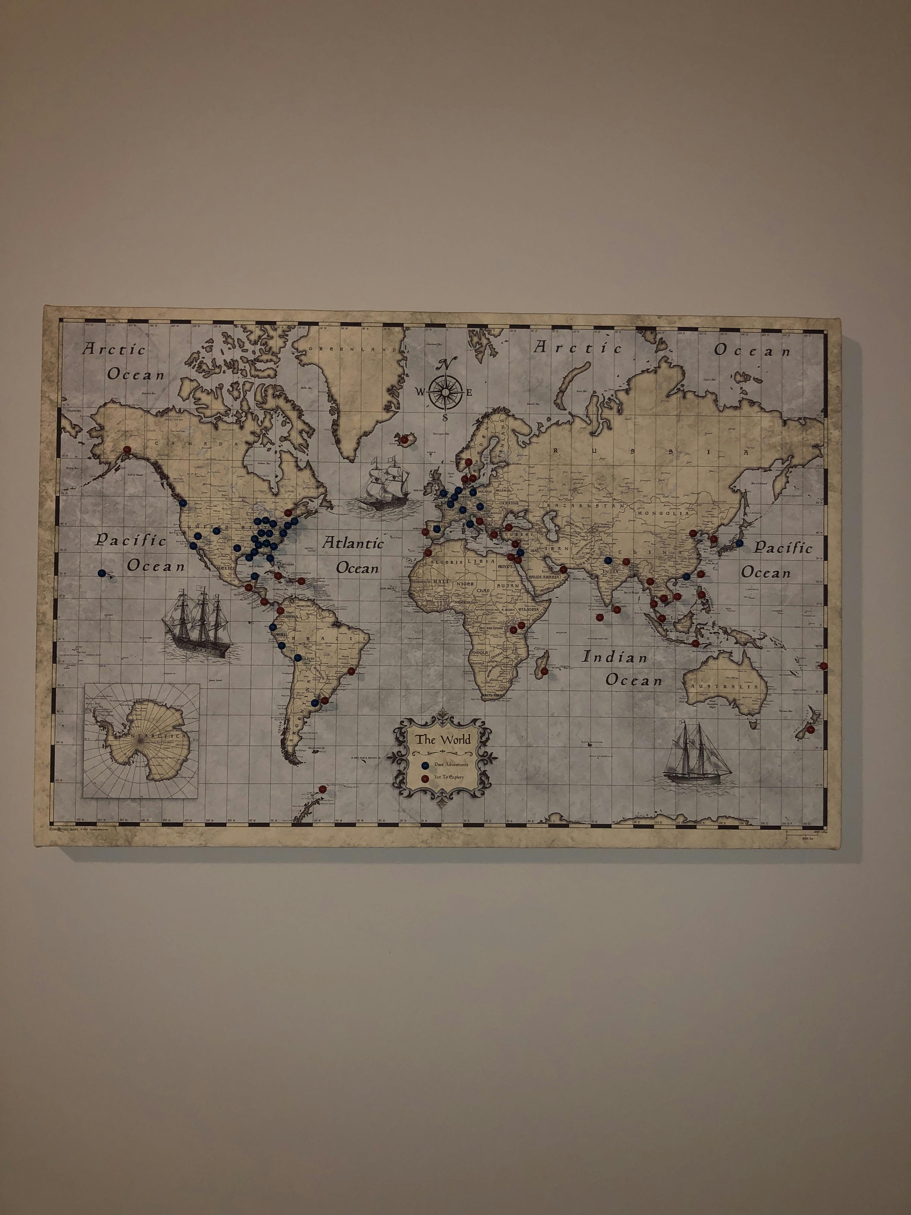 World Travel Map Pin Board with Push Pins Rustic Vintage Conquest Maps LLC