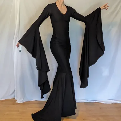 Black Zen Morticia Gown with V Neckline & Sorceress Sleeves - Coquetry  Clothing