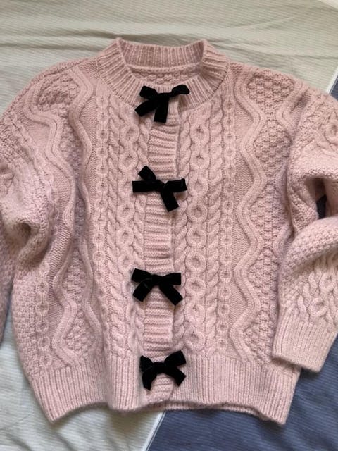 Bow Bottons Cable Knit Cardigan