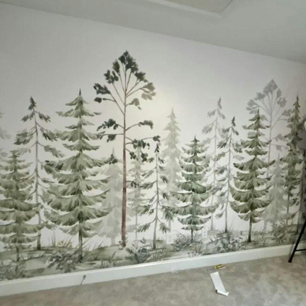 Green Watercolor Pine Trees Wall Mural WM095