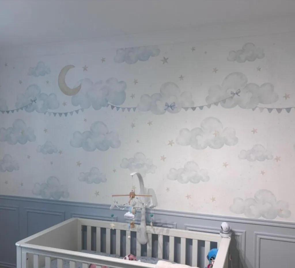 Blue Clouds Moon & Bunting Wall Mural SM071