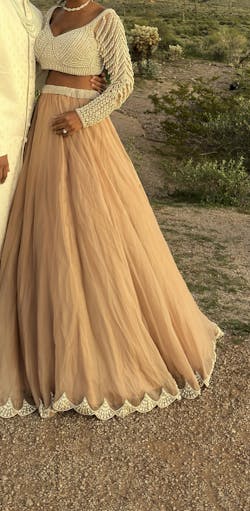 Rent - Beige Organza Pearl Embellished Lehenga Set