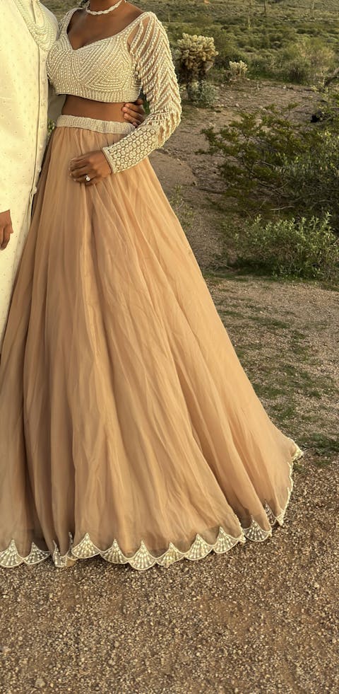 Rent Vvani By Vani Vats Beige Organza Pearl Embellished Lehenga Set