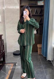 Yeşil Klasik Çizgi Desenli Pamuklu Pijama Takımı