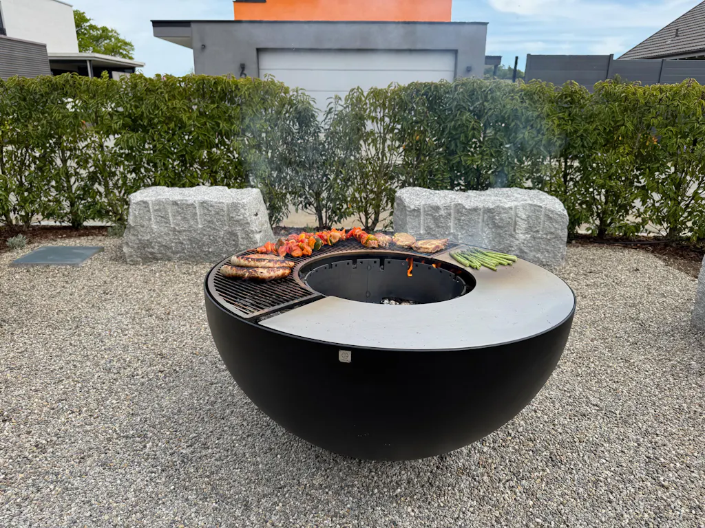 Recipiente per il fuoco con anello per griglia 100, acciaio inox nero