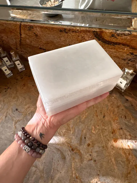 Large Moroccan Selenite Charging Box – High-Shine Crystal Storage