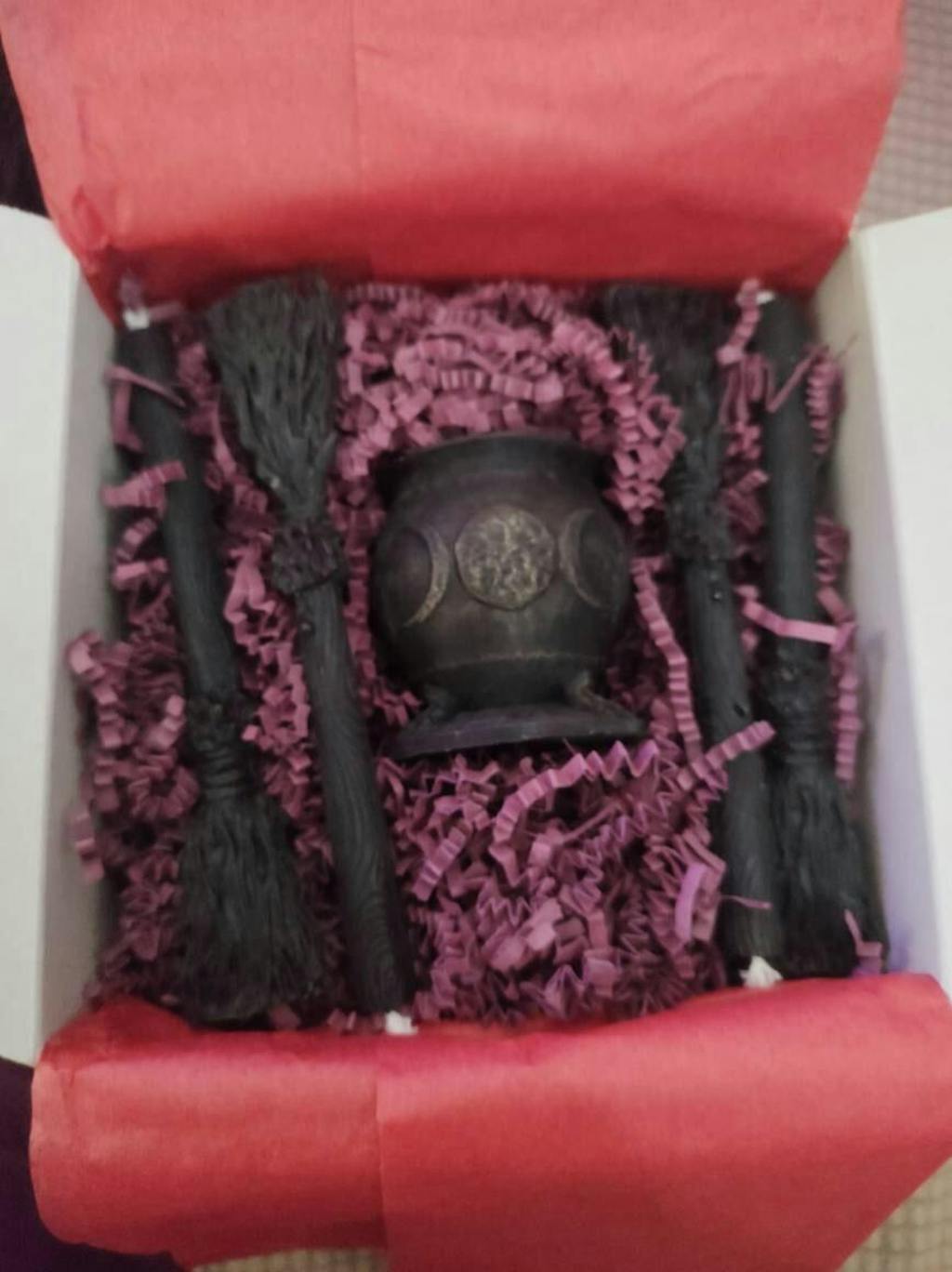 Witch brooms and cauldron Triple moon ritual candles