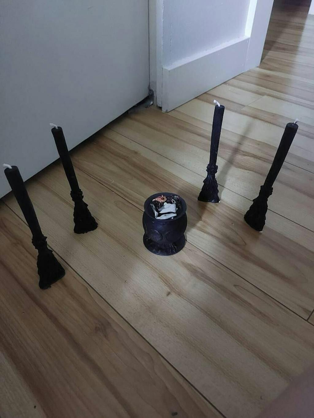 Witch brooms and cauldron Triple moon ritual candles