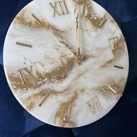 Cream Marble with Gold texture and Stones Resin wall Clock