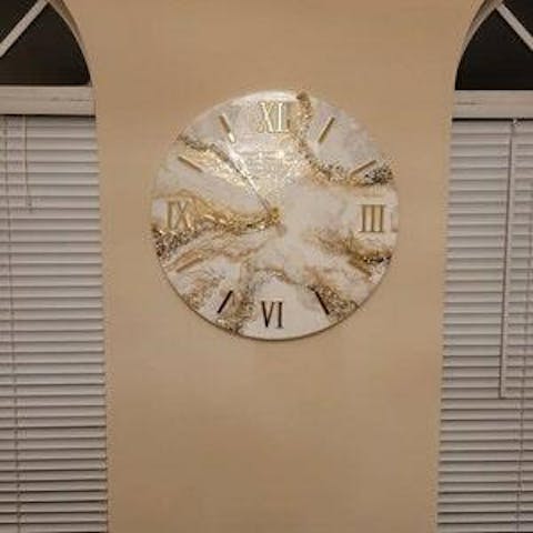 Cream Marble with Gold texture and Stones Resin wall Clock