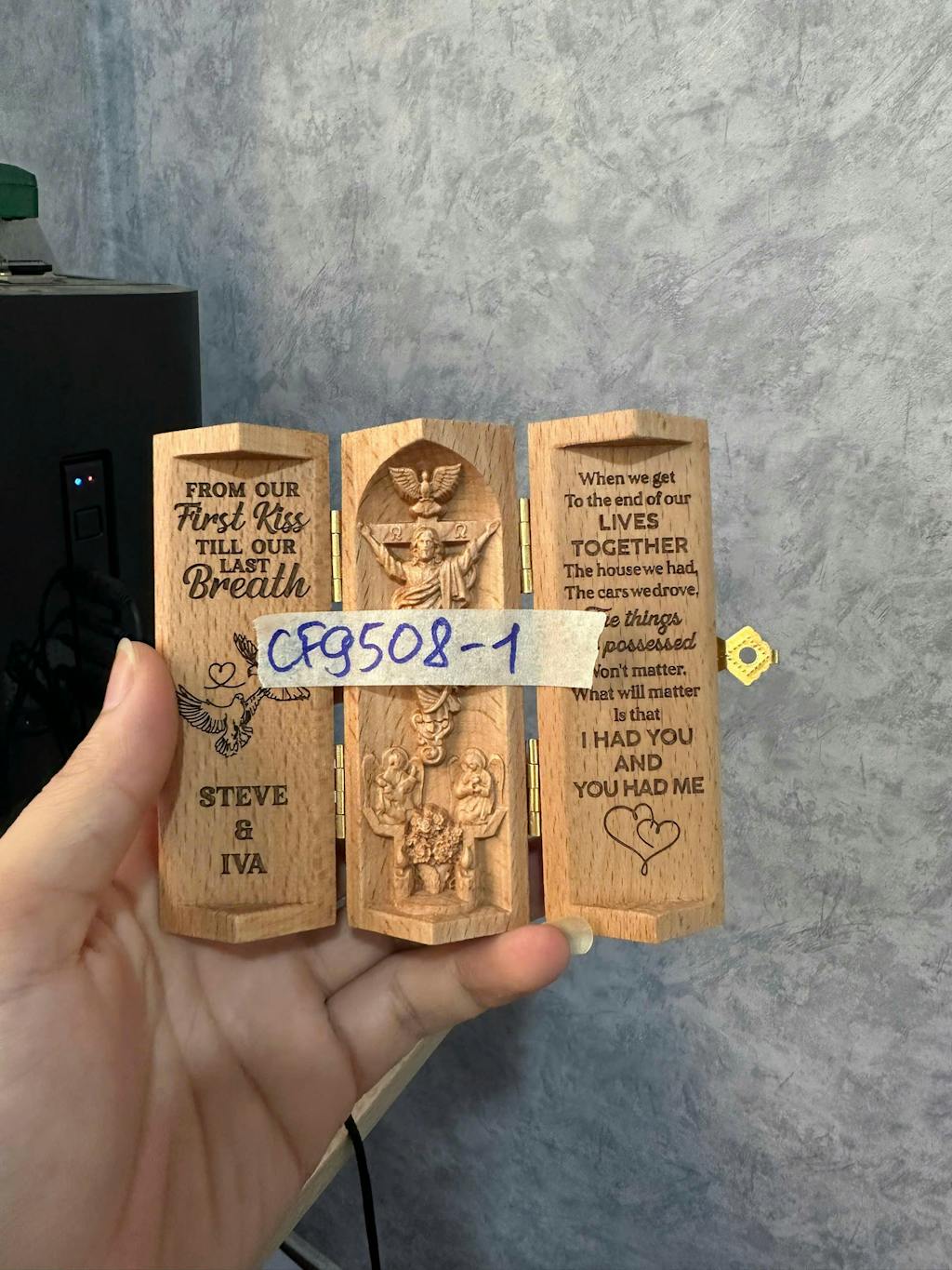 From Our First Kiss Till Our Last Breath, Personalized Openable Wooden Cylinder Sculpture of Jesus Christ, Christian Gifts