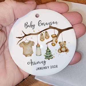 New Baby Arriving - Personalized Ceramic Ornament, Birth Announcement Gift, Baby's First Christmas Gift