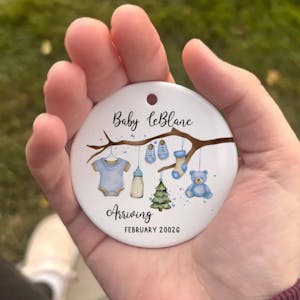 New Baby Arriving - Personalized Ceramic Ornament, Birth Announcement Gift, Baby's First Christmas Gift