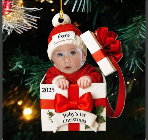 Baby Christmas Red Box - Personalized Acrylic Ornament, Gift For Parents, Baby Gift