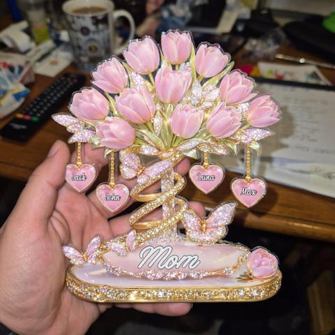 Mom We Love You Tulip Bouquet - Personalized Acrylic Plaque, Mom Gift, Tulip Bouquet With Children's Names