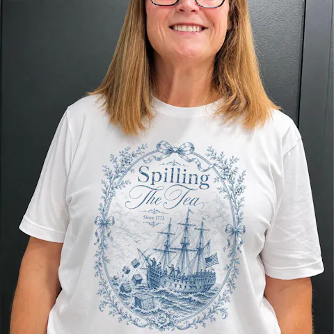 Blue Toile Spilling The Tea Since 1773 Shirt, Vintage Patriotic Tee, America 250th Anniversary Shirt, Boston Tea Party Tee