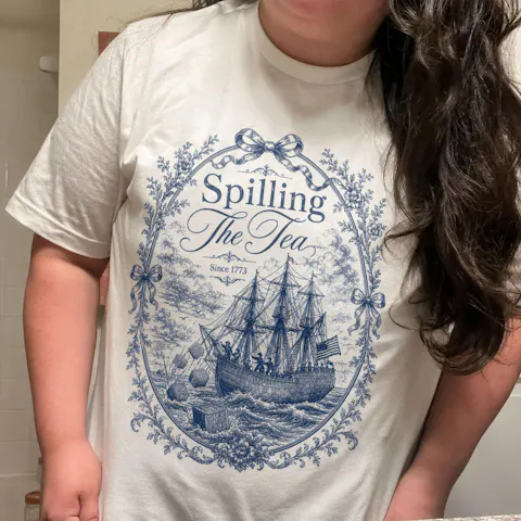Blue Toile Spilling The Tea Since 1773 Shirt, Vintage Patriotic Tee, America 250th Anniversary Shirt, Boston Tea Party Tee