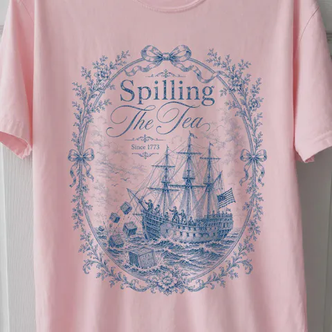 Blue Toile Spilling The Tea Since 1773 Shirt, Vintage Patriotic Tee, America 250th Anniversary Shirt, Boston Tea Party Tee