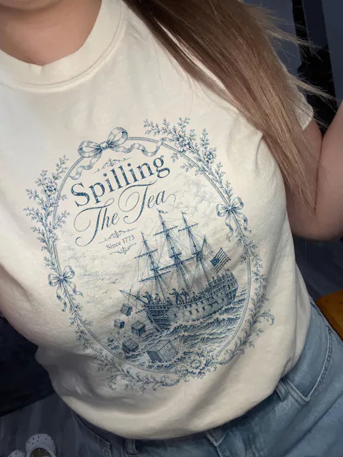 Blue Toile Spilling The Tea Since 1773 Shirt, Vintage Patriotic Tee, America 250th Anniversary Shirt, Boston Tea Party Tee