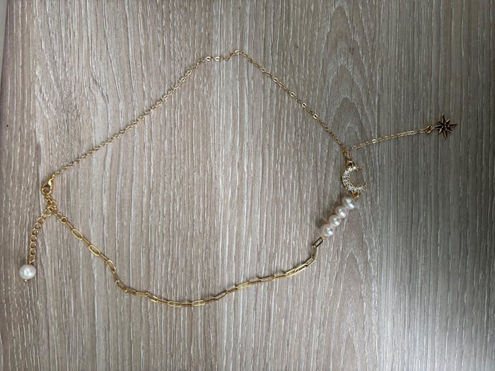 14K Real Gold Plated Pearl Moon Star Necklace