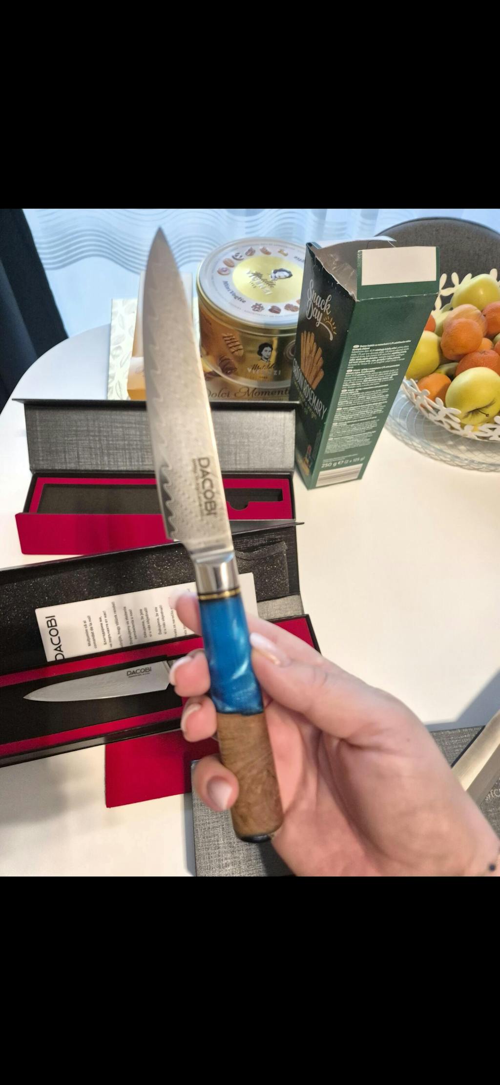 Cuțit universal oțel damasc, mâner albastru compozit, 12 cm (C5)