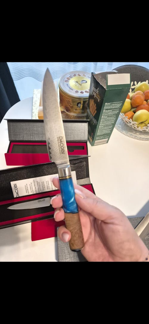 Cuțit universal oțel damasc, mâner albastru compozit, 12 cm (C5)