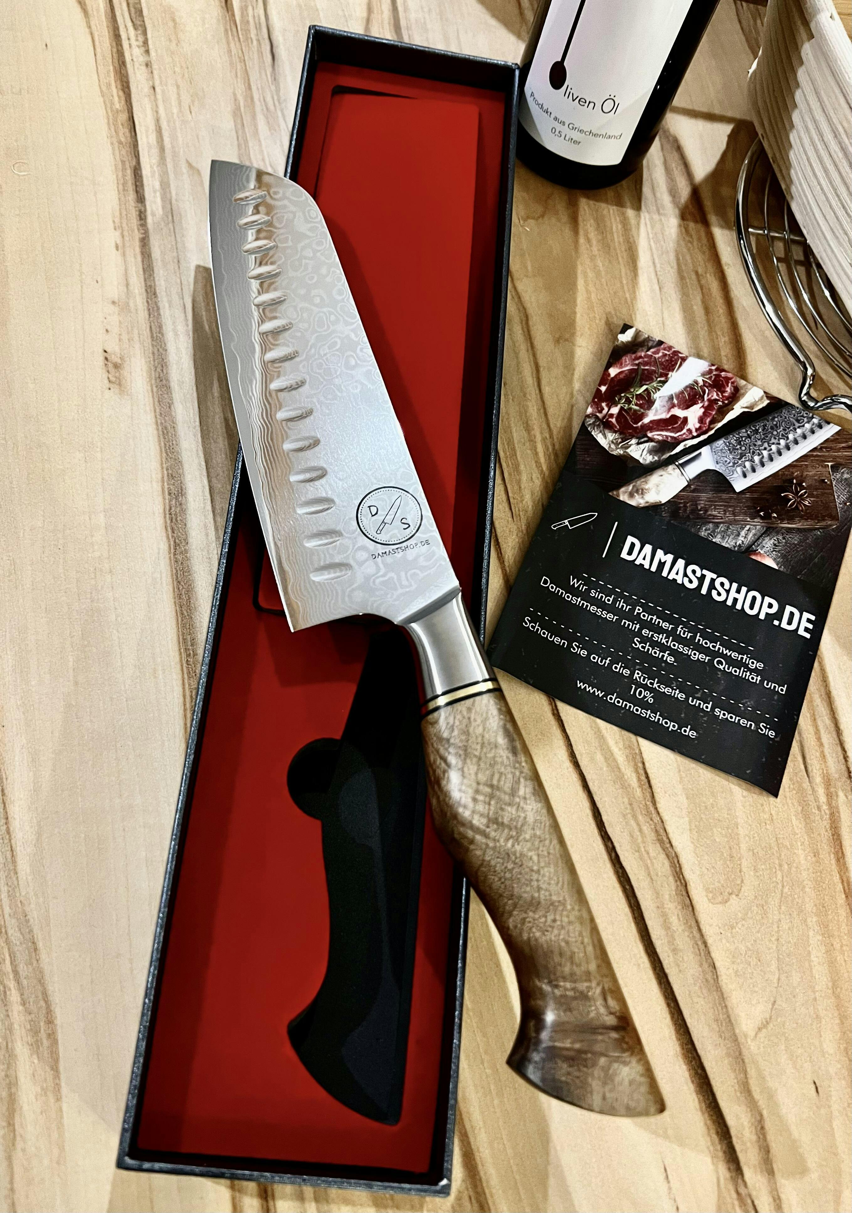 Santokumesser Aus Damast | Santoku Damastmesser Mit Bergahorn Holz ...