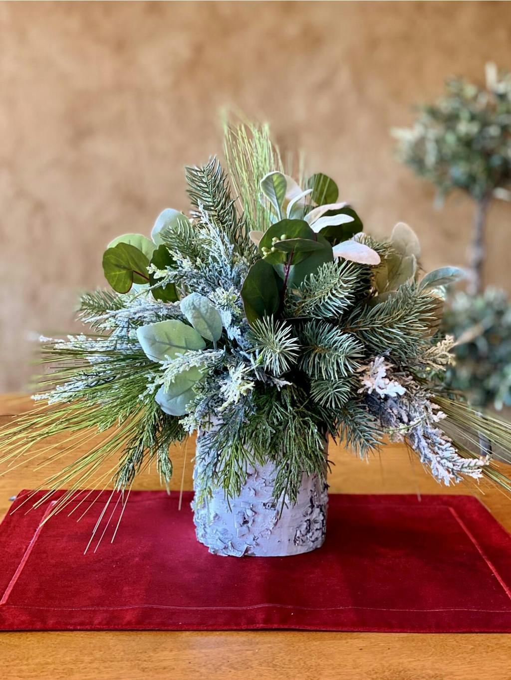 Mixed Winter Greenery And Pinecone Rustic Arrangement In White Birch Cyl